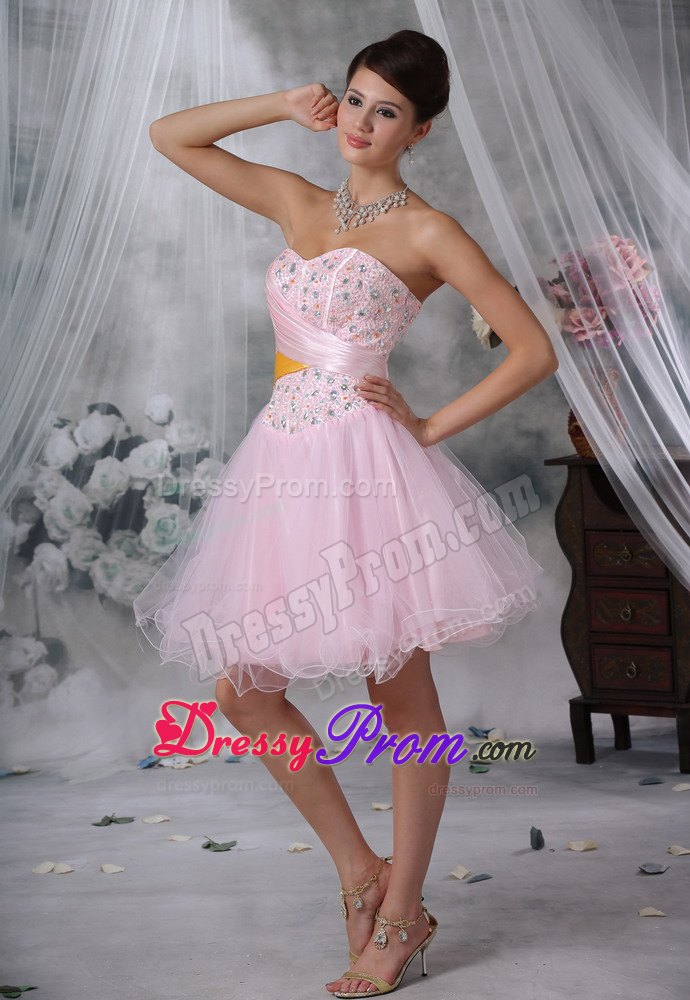 New Style Beaded and Ruched Organza Prom Maxi Dress in Baby Pink