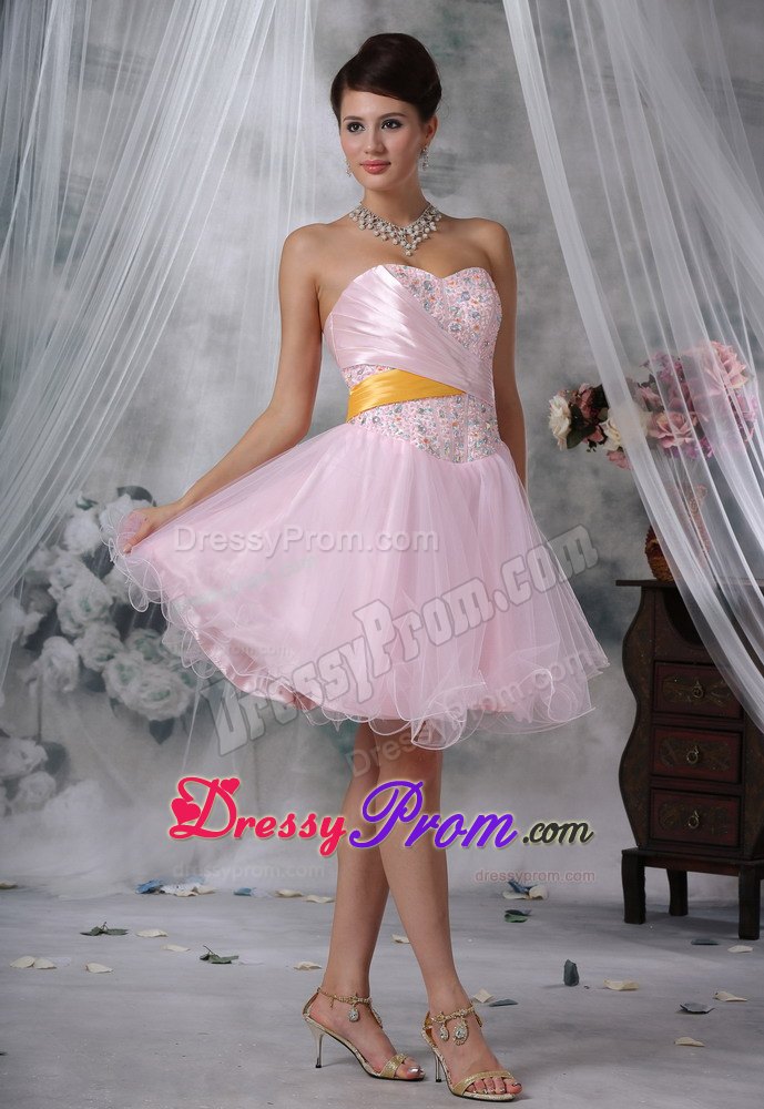 New Style Beaded and Ruched Organza Prom Maxi Dress in Baby Pink