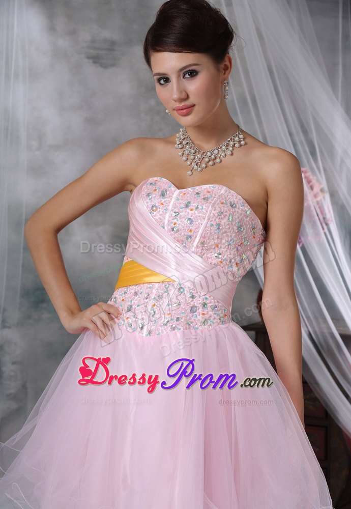 New Style Beaded and Ruched Organza Prom Maxi Dress in Baby Pink