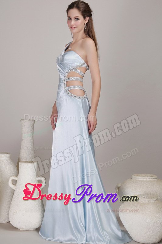 Light Blue Column One Shoulder Prom Party Dress with Cutout Straps