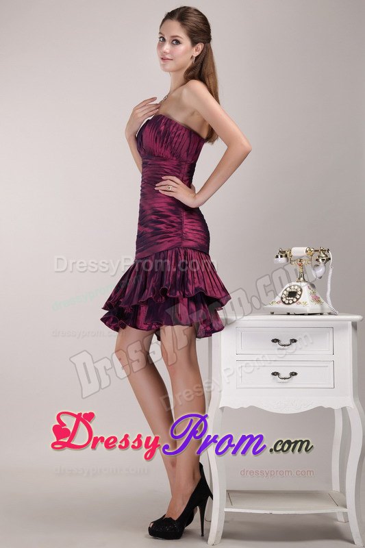 Ruched One Shoulder Mini Length Taffeta Prom Party Dress in Burgundy
