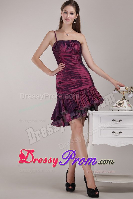 Ruched One Shoulder Mini Length Taffeta Prom Party Dress in Burgundy