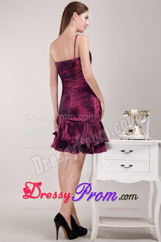 Ruched One Shoulder Mini Length Taffeta Prom Party Dress in Burgundy