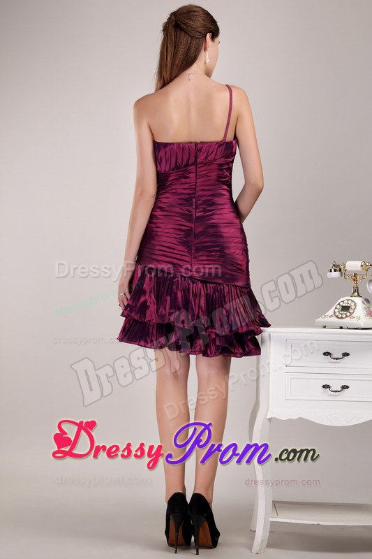 Ruched One Shoulder Mini Length Taffeta Prom Party Dress in Burgundy