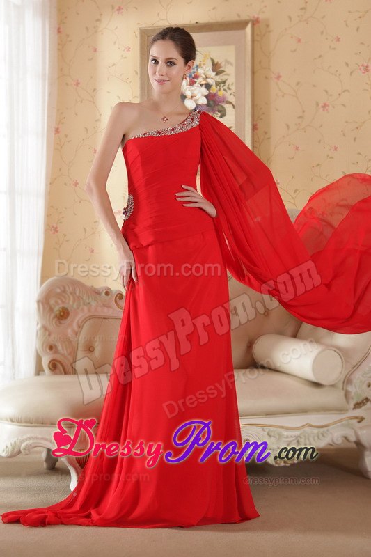 Best Red Asymmetrical Chiffon Beaded Prom formal Dress Brush Train