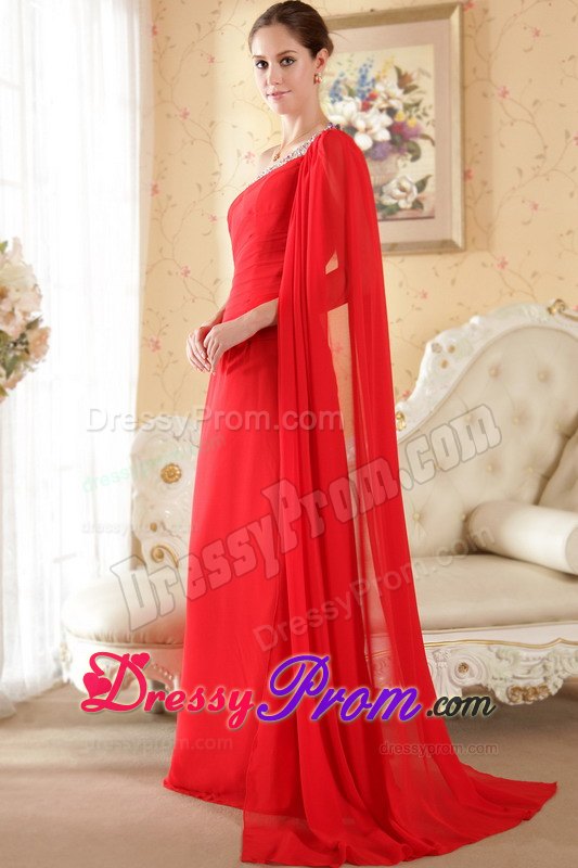 Best Red Asymmetrical Chiffon Beaded Prom formal Dress Brush Train