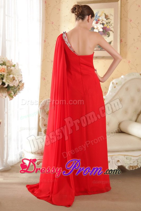 Best Red Asymmetrical Chiffon Beaded Prom formal Dress Brush Train