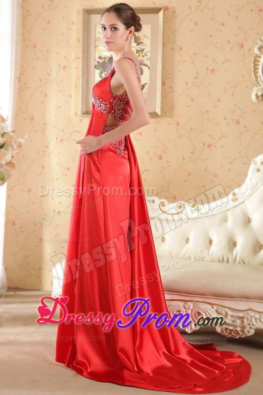 Beading Accent V-neck Red Brush Train Satin Prom formal Dresses