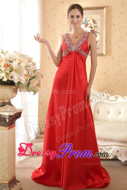 Beading Accent V-neck Red Brush Train Satin Prom formal Dresses