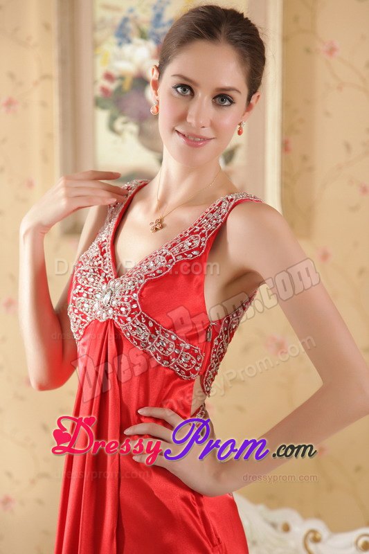 Beading Accent V-neck Red Brush Train Satin Prom formal Dresses