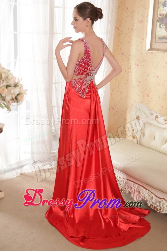 Beading Accent V-neck Red Brush Train Satin Prom formal Dresses
