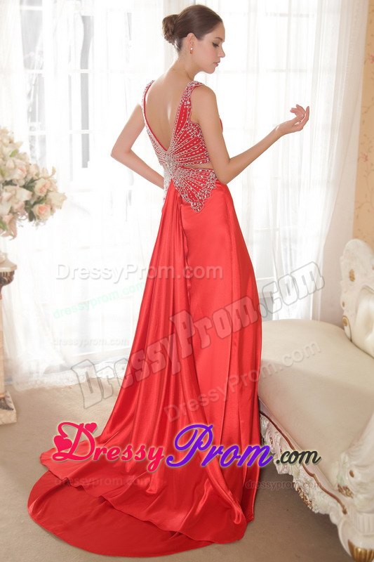 Beading Accent V-neck Red Brush Train Satin Prom formal Dresses