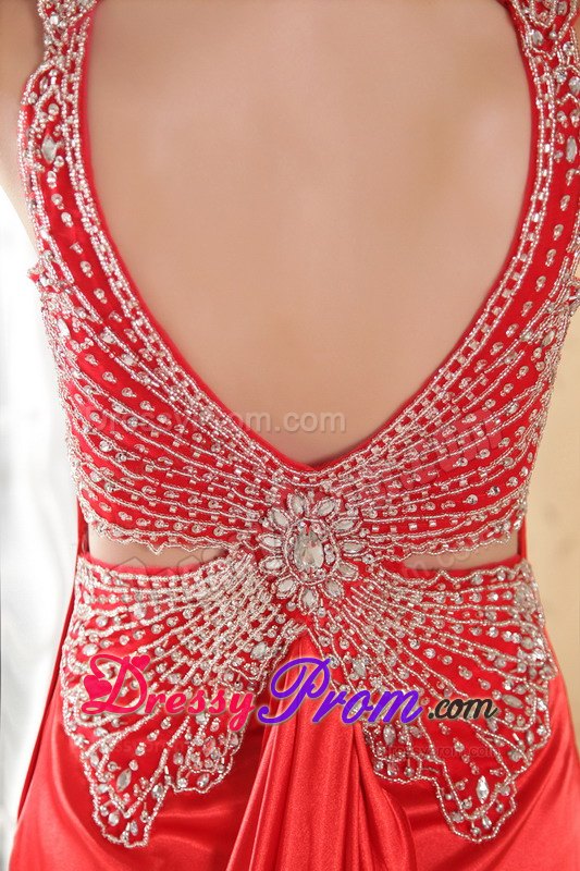 Beading Accent V-neck Red Brush Train Satin Prom formal Dresses