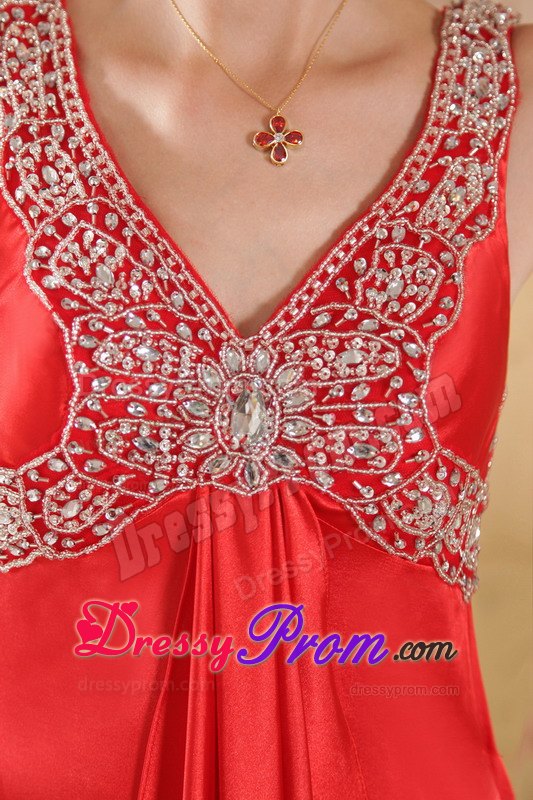 Beading Accent V-neck Red Brush Train Satin Prom formal Dresses