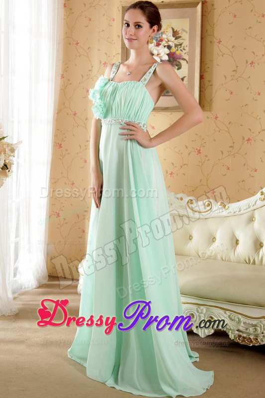 Straps Beading Flowers Ruches Brush Prom formal Dress in Apple Green