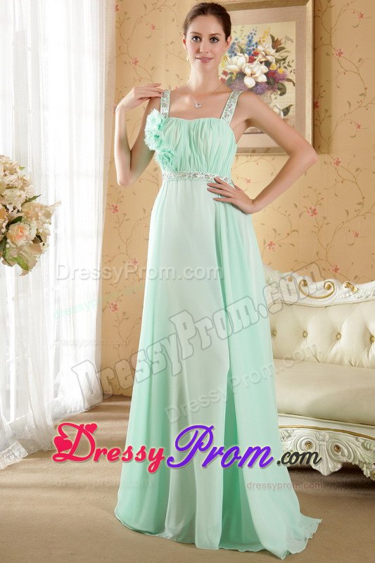 Straps Beading Flowers Ruches Brush Prom formal Dress in Apple Green
