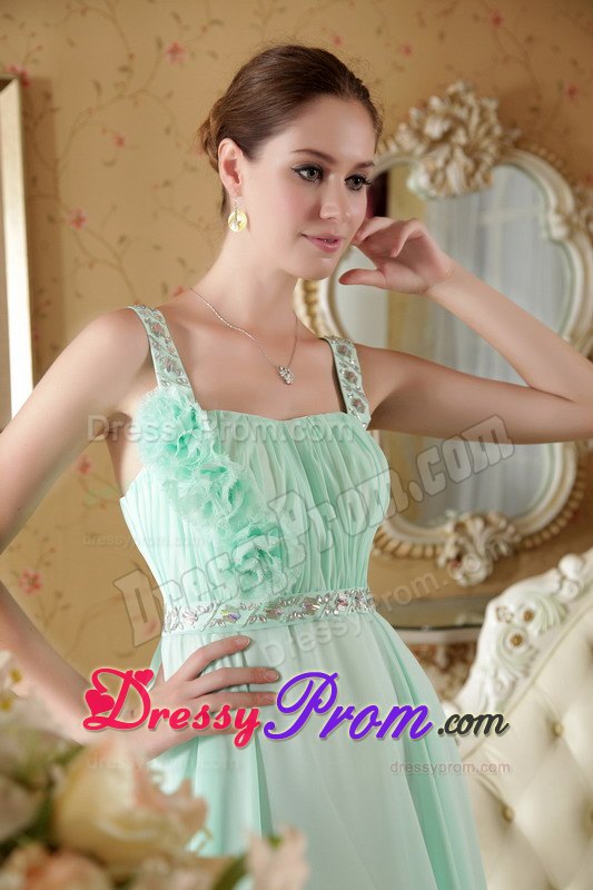 Straps Beading Flowers Ruches Brush Prom formal Dress in Apple Green