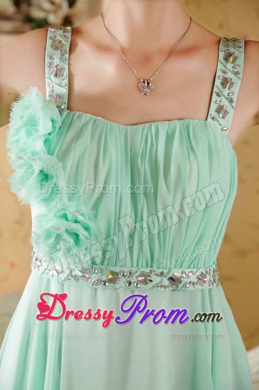 Straps Beading Flowers Ruches Brush Prom formal Dress in Apple Green