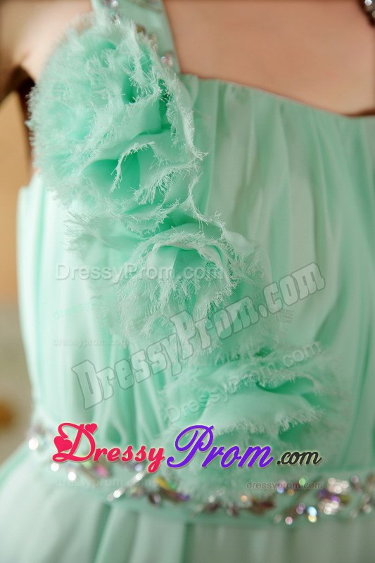 Straps Beading Flowers Ruches Brush Prom formal Dress in Apple Green