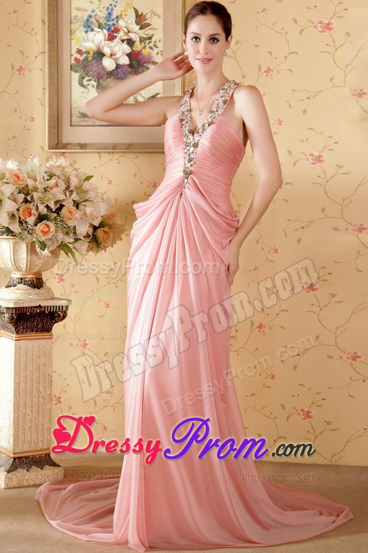 Watermelon Halter Court Train Beading Chiffon Prom formal Dresses