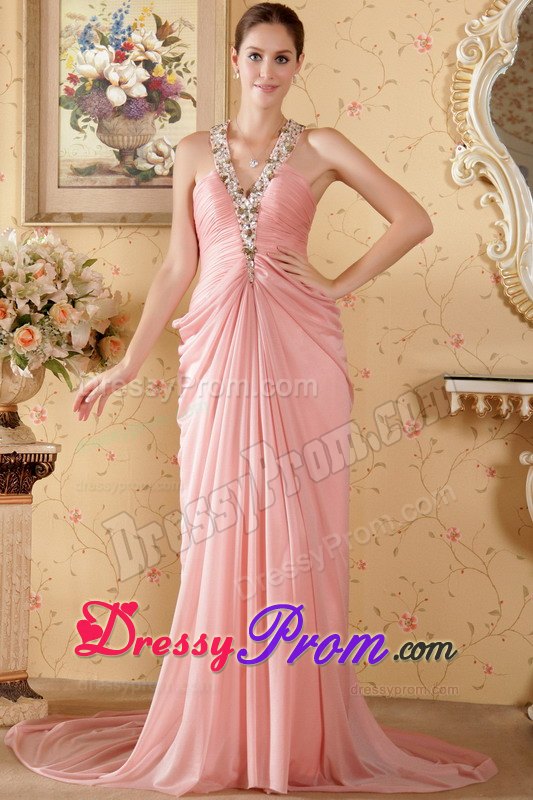 Watermelon Halter Court Train Beading Chiffon Prom formal Dresses