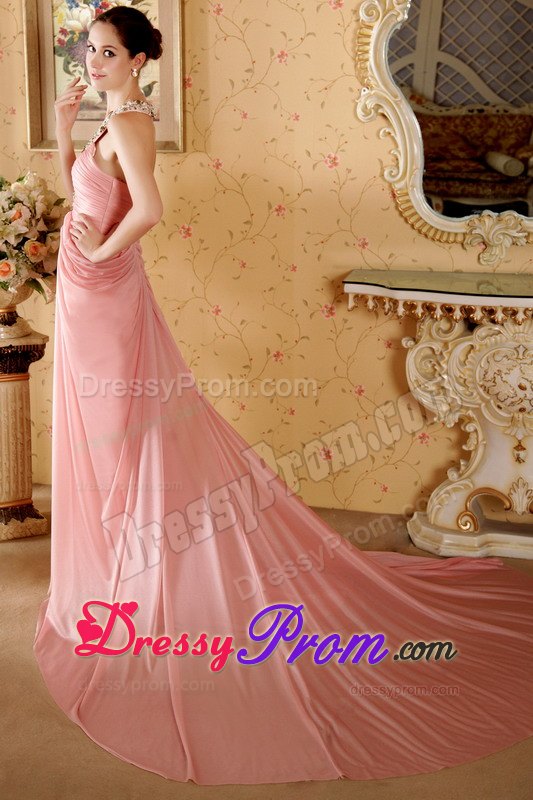 Watermelon Halter Court Train Beading Chiffon Prom formal Dresses
