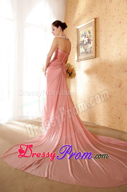 Watermelon Halter Court Train Beading Chiffon Prom formal Dresses