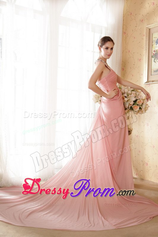 Watermelon Halter Court Train Beading Chiffon Prom formal Dresses