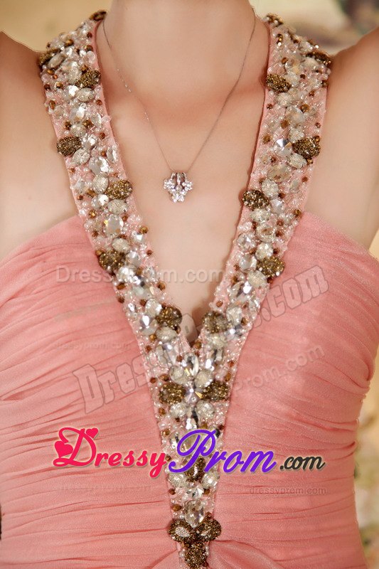 Watermelon Halter Court Train Beading Chiffon Prom formal Dresses
