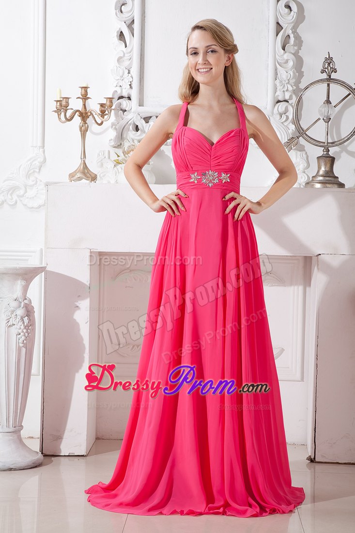Halter Ruched Hot Pink Prom Bridesmaid Dress with Rhinestones