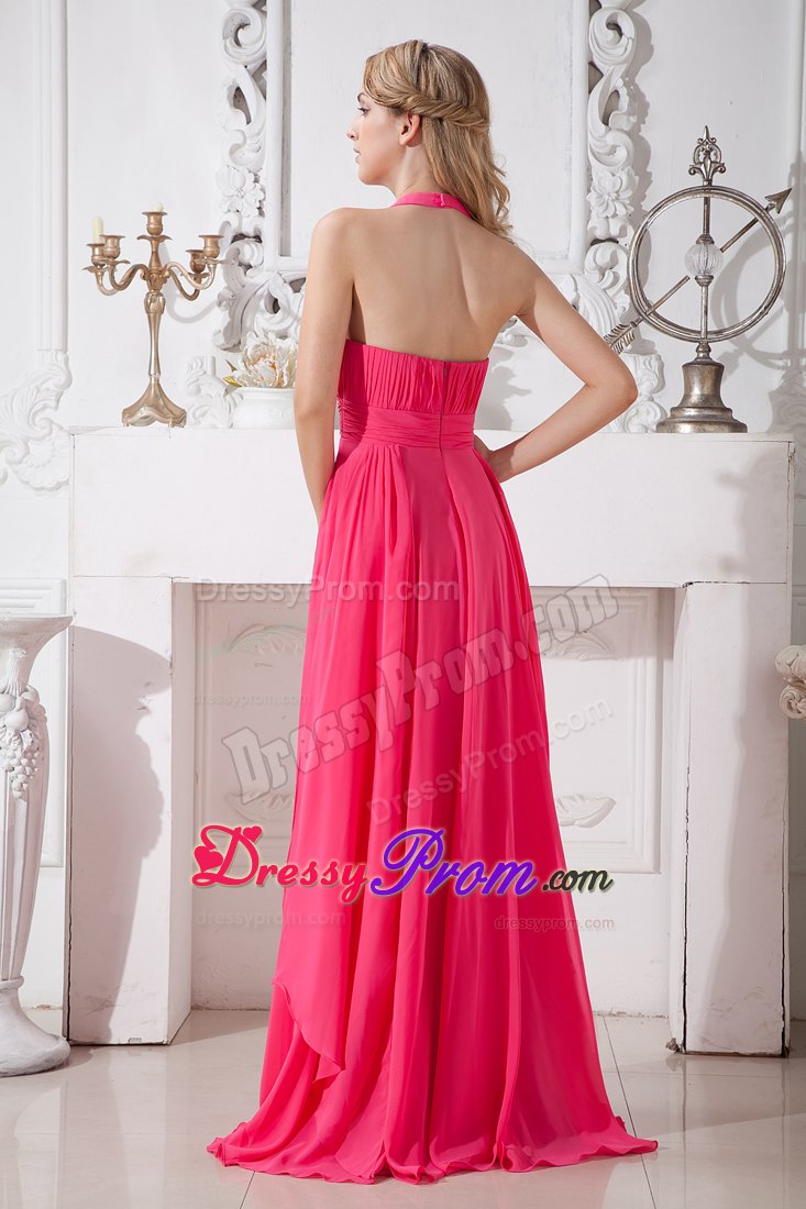 Halter Ruched Hot Pink Prom Bridesmaid Dress with Rhinestones