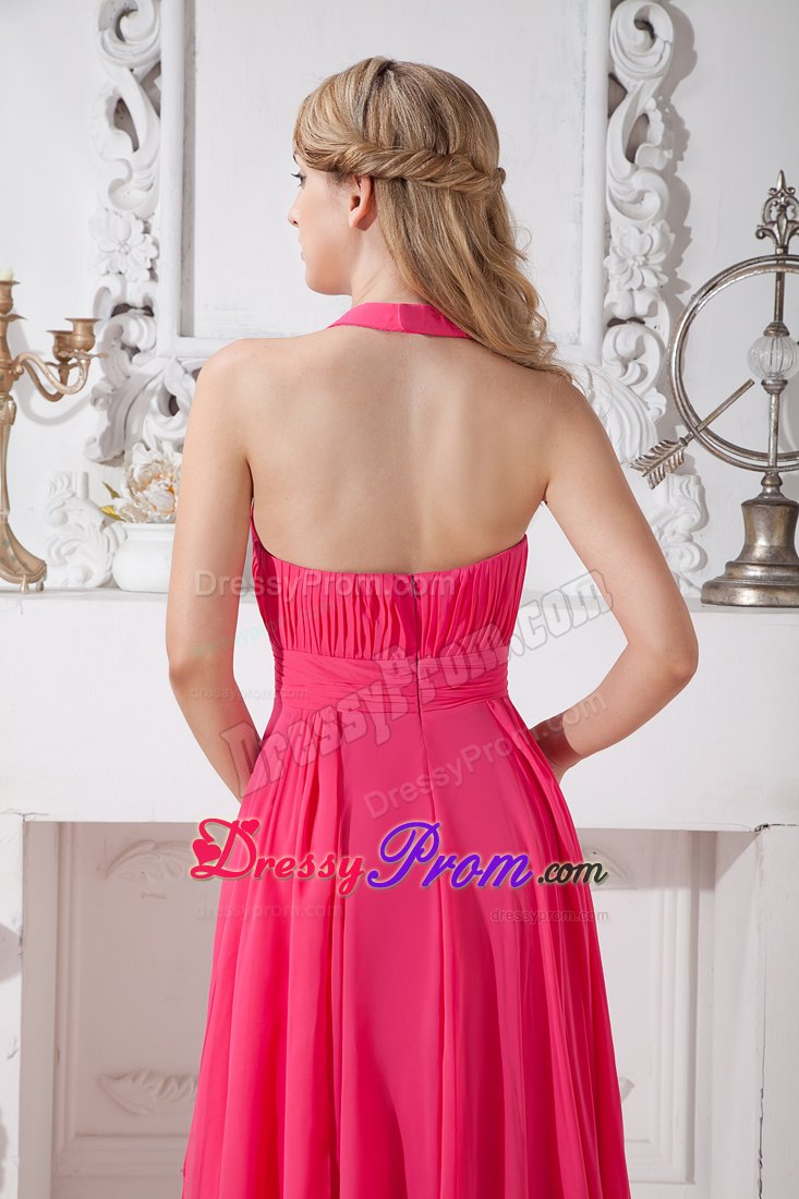Halter Ruched Hot Pink Prom Bridesmaid Dress with Rhinestones
