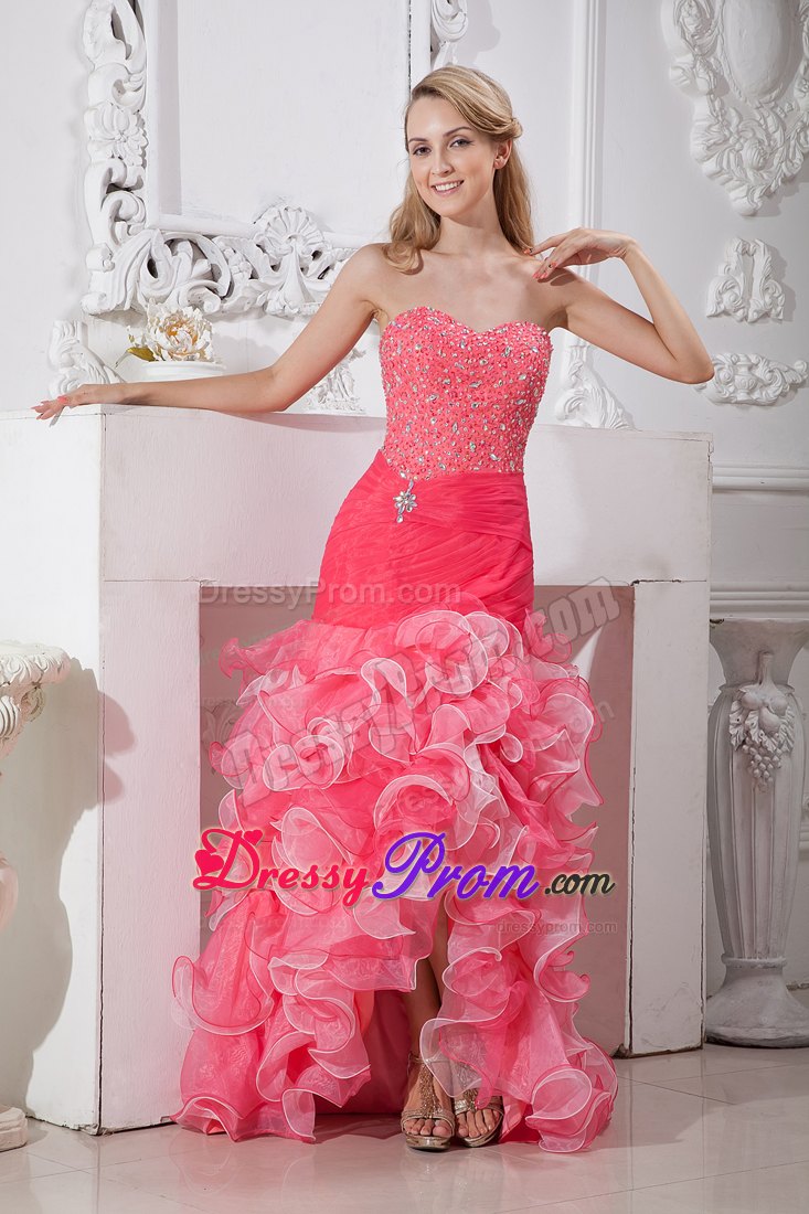Customized Beaded Ruffled Coral Red Dress for Prom Queen