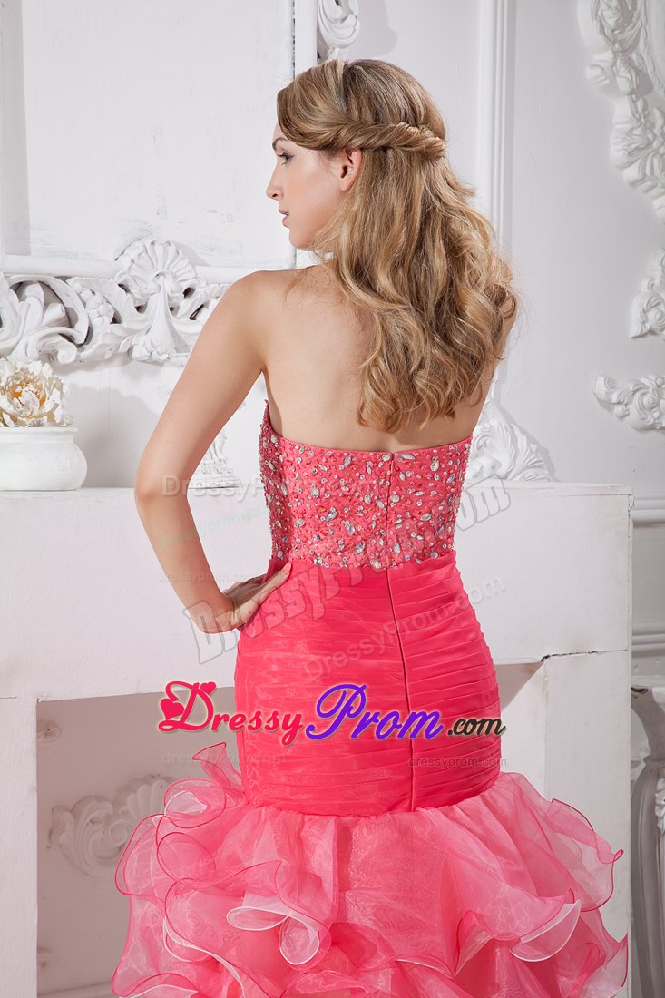 Customized Beaded Ruffled Coral Red Dress for Prom Queen