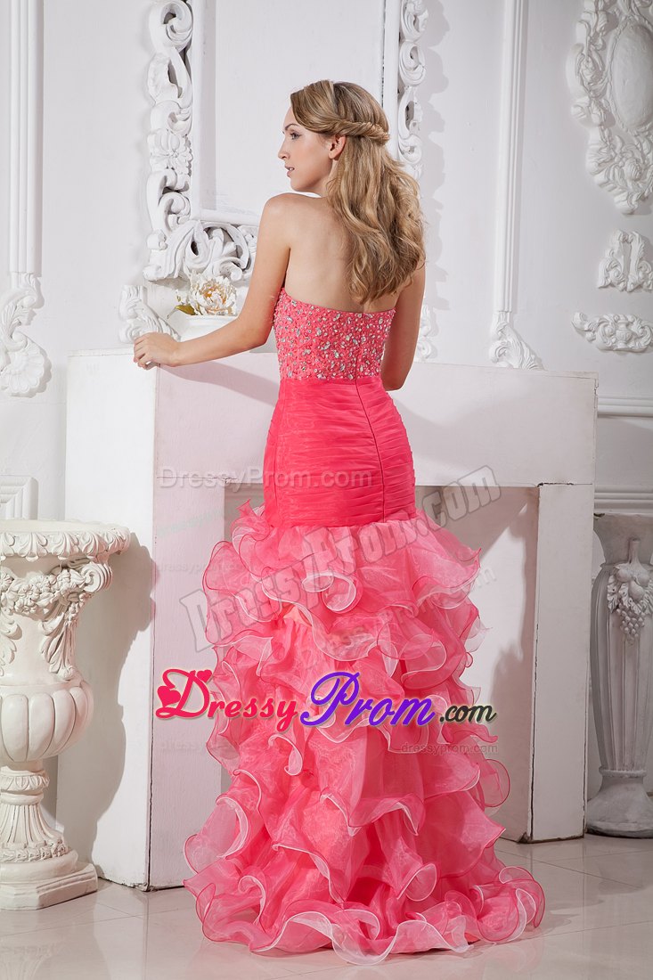 Customized Beaded Ruffled Coral Red Dress for Prom Queen
