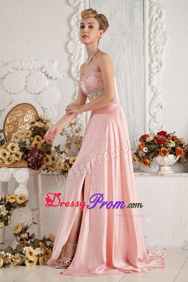 Sweetheart Beaded Slitted Baby Pink Prom Dress in Westminster
