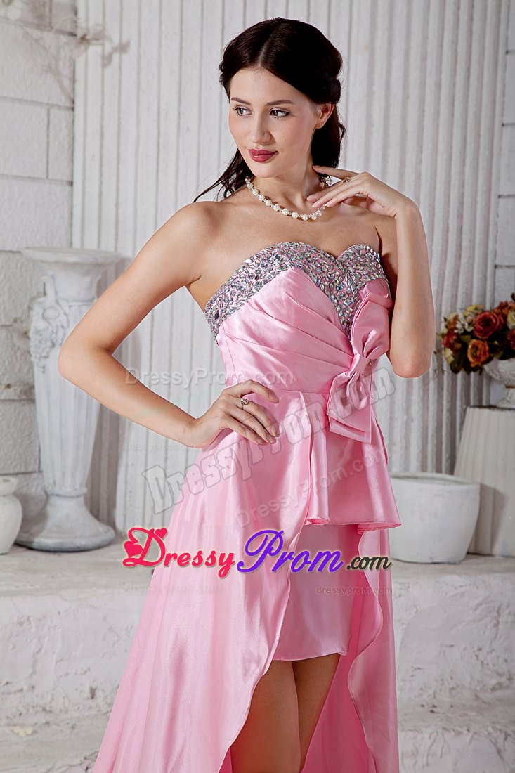 High-Low Rose Pink Prom Dresses with Beading And Bowknot