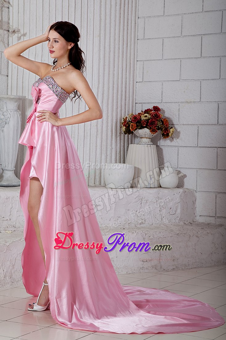 High-Low Rose Pink Prom Dresses with Beading And Bowknot