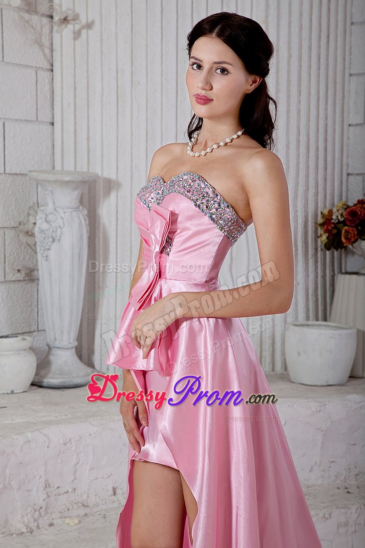 High-Low Rose Pink Prom Dresses with Beading And Bowknot