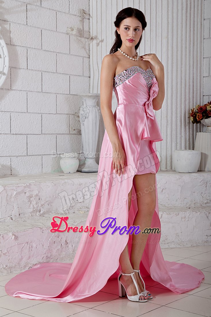 High-Low Rose Pink Prom Dresses with Beading And Bowknot