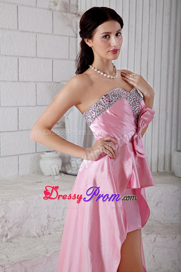 High-Low Rose Pink Prom Dresses with Beading And Bowknot