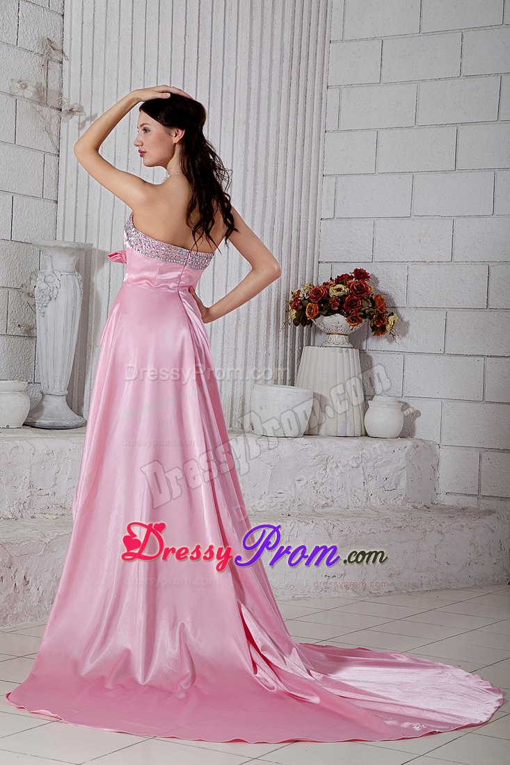 High-Low Rose Pink Prom Dresses with Beading And Bowknot