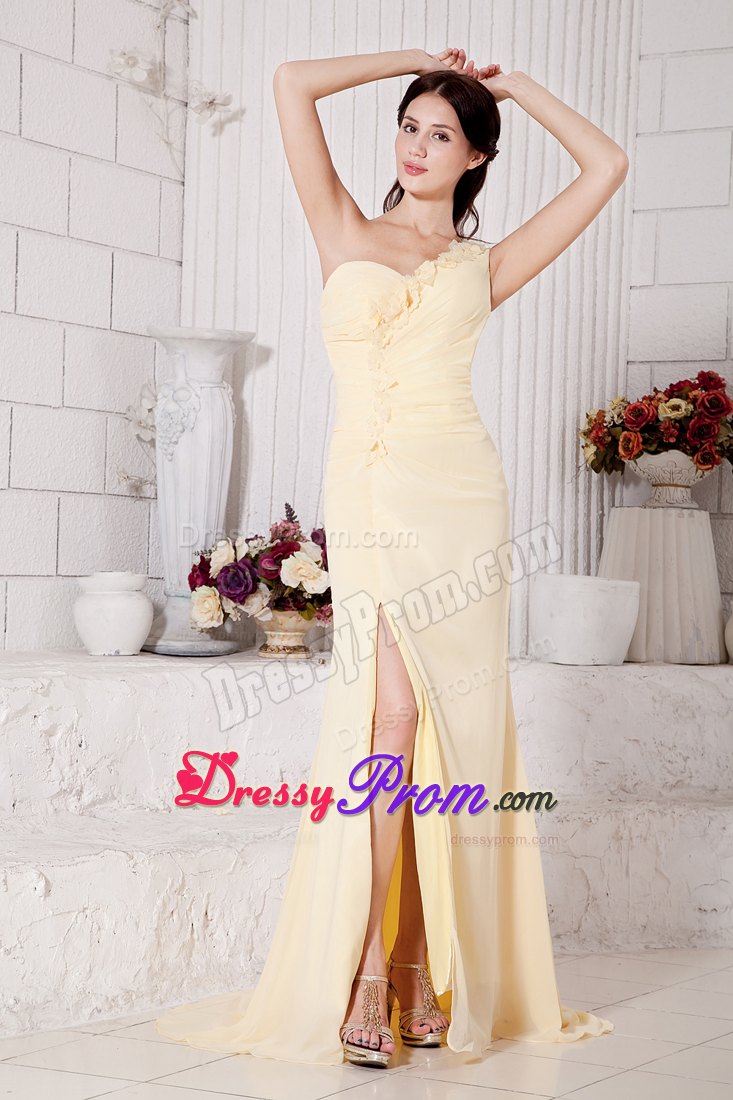 Plus Size One Shoulder Flowers Slitted Light Yellow Prom Dress