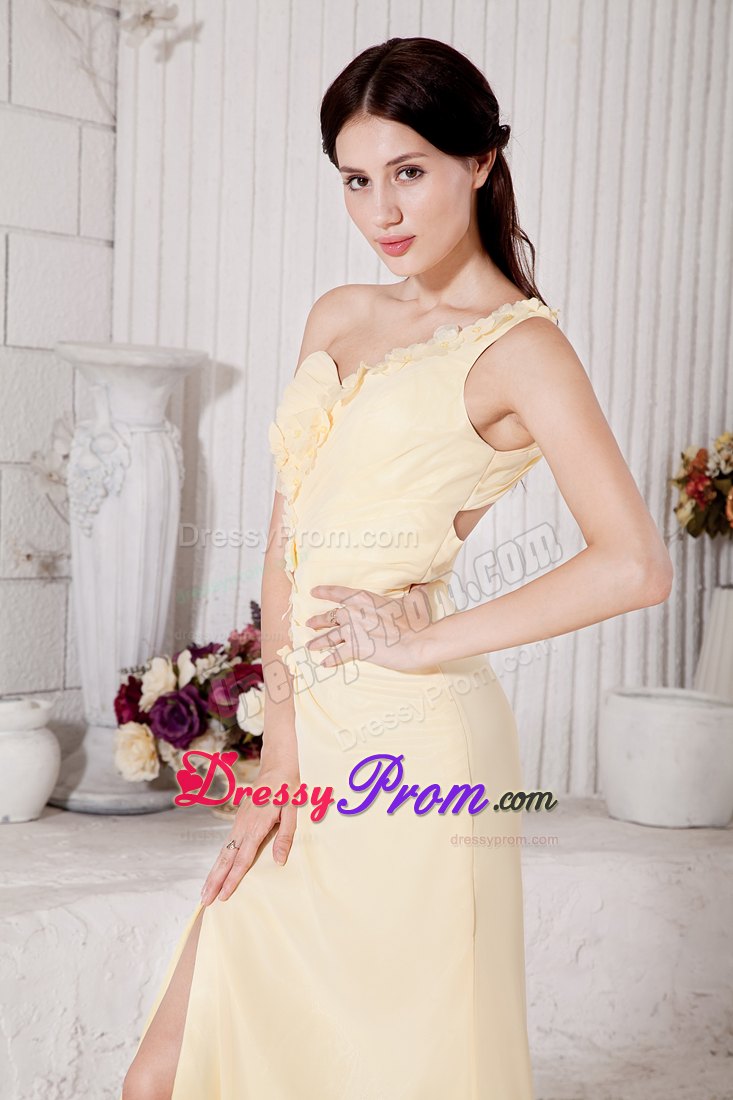 Plus Size One Shoulder Flowers Slitted Light Yellow Prom Dress