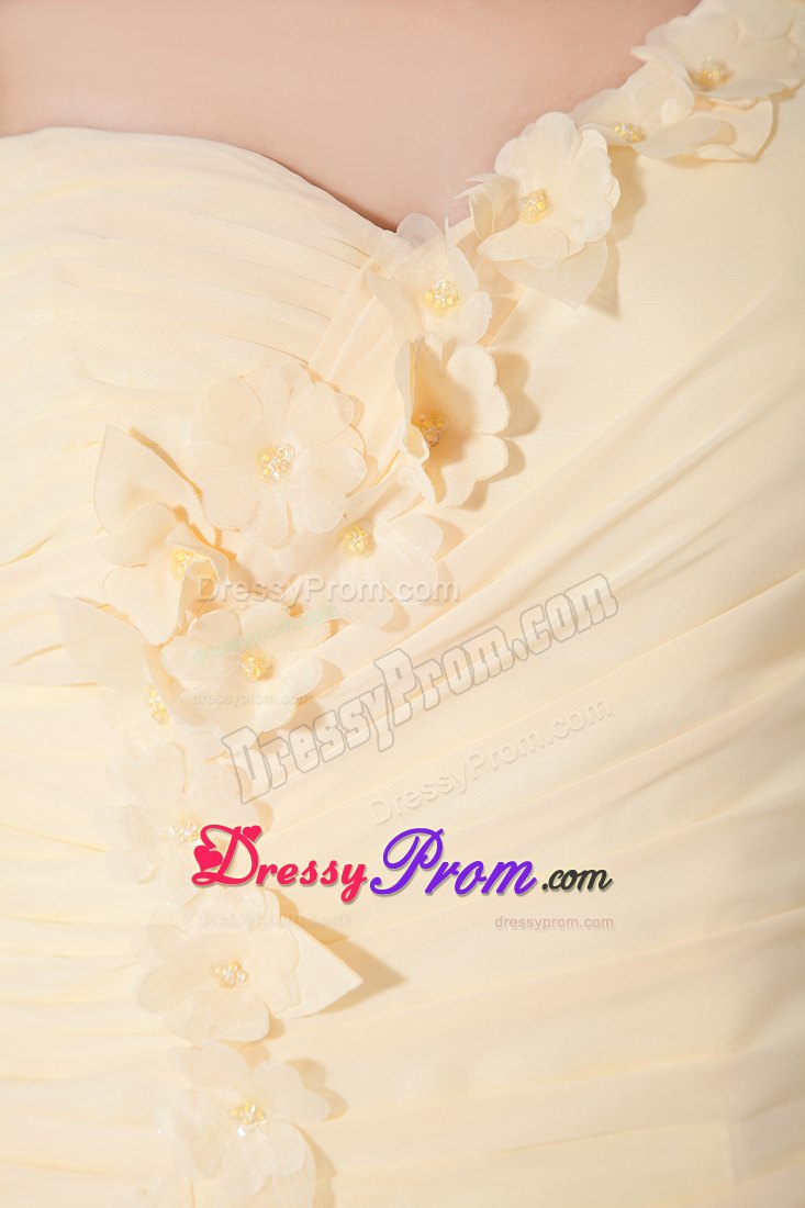 Plus Size One Shoulder Flowers Slitted Light Yellow Prom Dress