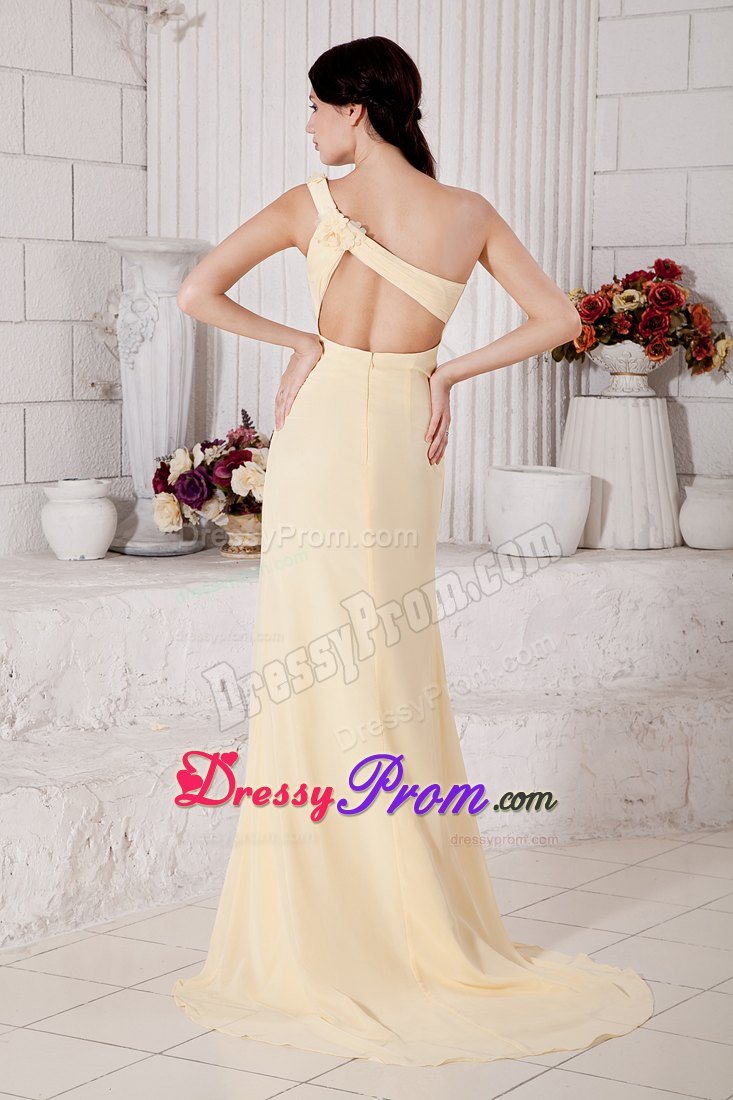 Plus Size One Shoulder Flowers Slitted Light Yellow Prom Dress