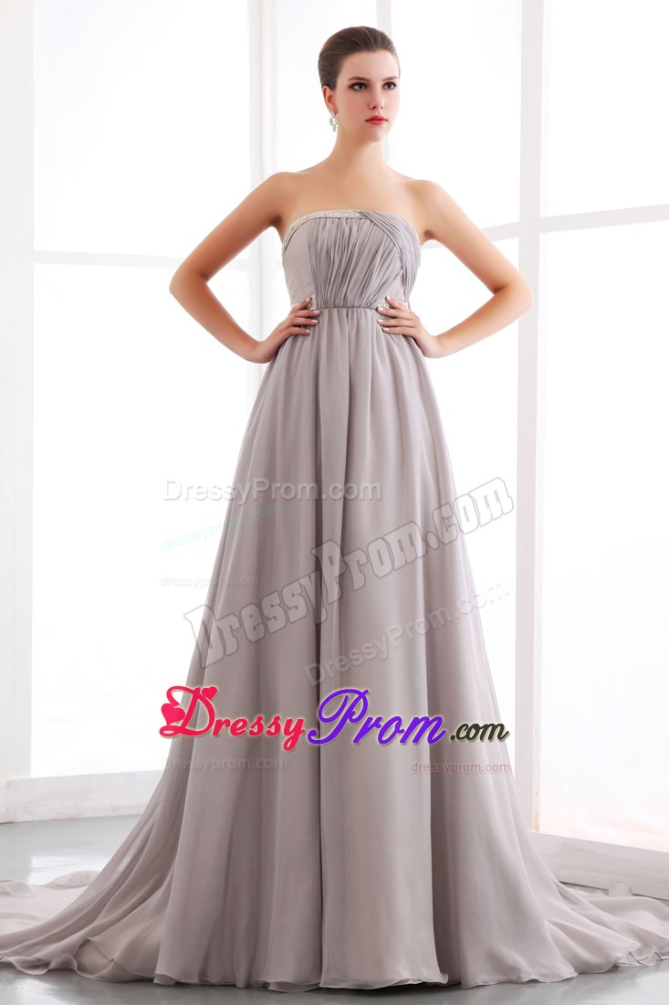 Discount Strapless Court Train Rhinestones Grey Dress for Prom