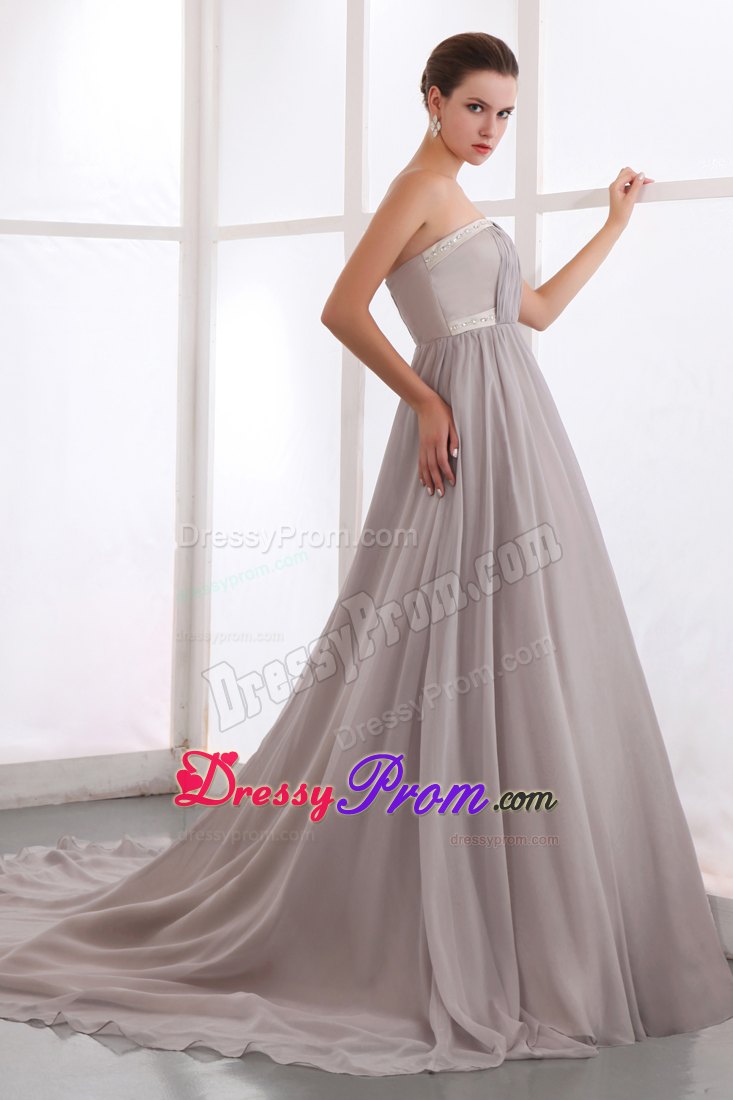 Discount Strapless Court Train Rhinestones Grey Dress for Prom