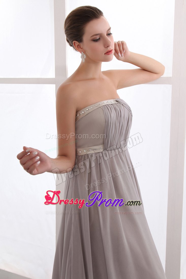 Discount Strapless Court Train Rhinestones Grey Dress for Prom