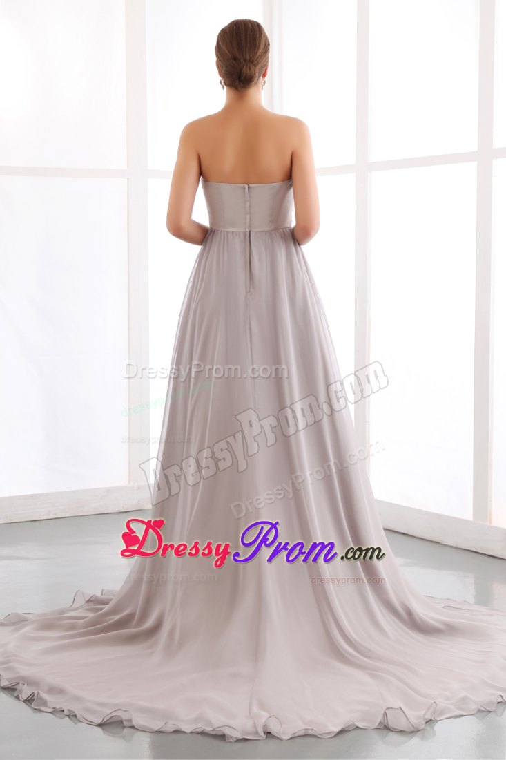 Discount Strapless Court Train Rhinestones Grey Dress for Prom